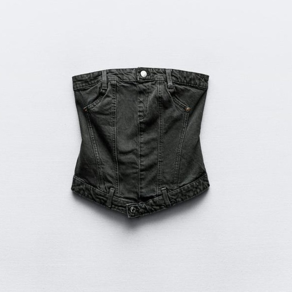 Zara Black Denim Strapless Corset Top with Silver Buttons Size Medium NWT - Picture 5 of 9